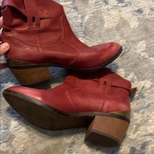 Distressed red booty cowboy boots